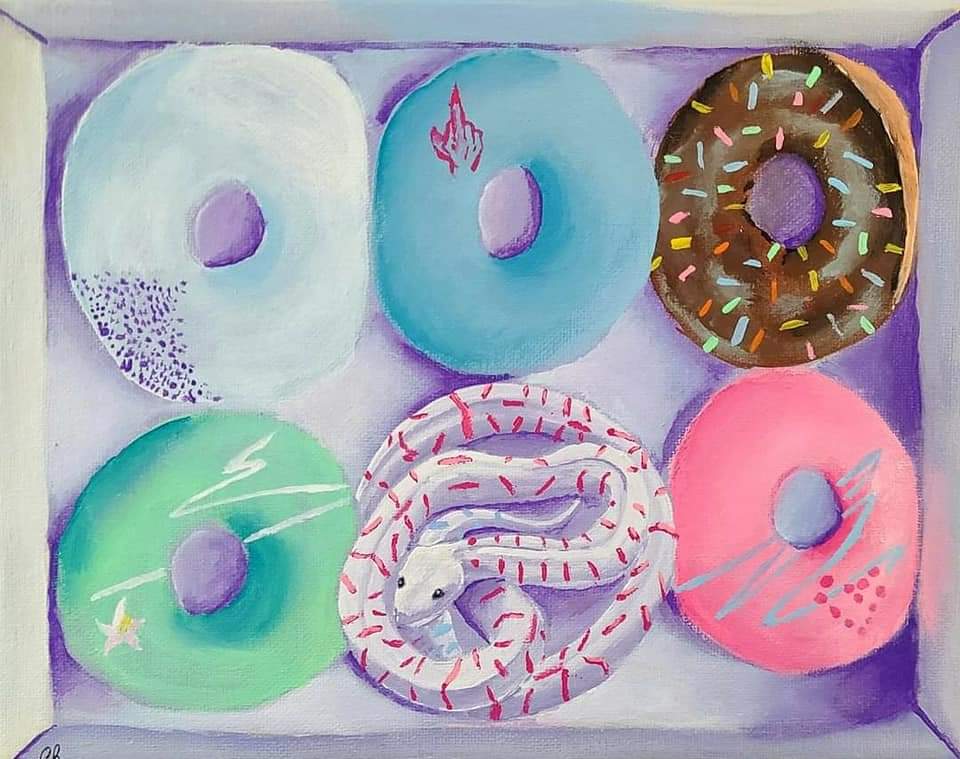 Pastel painting of a donut box with colorful frosted donuts and one snake donut