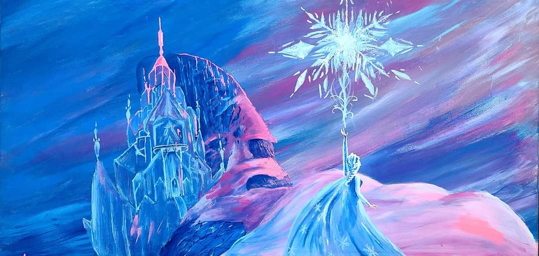 Blue and pink fantasy ice castle painting with a figure holding a glowing snowflake staff