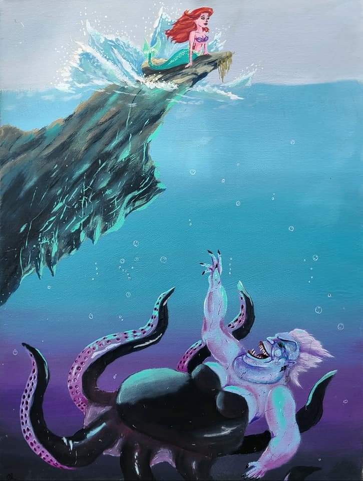 Ocean fantasy painting with a red-haired mermaid above a sea witch below
