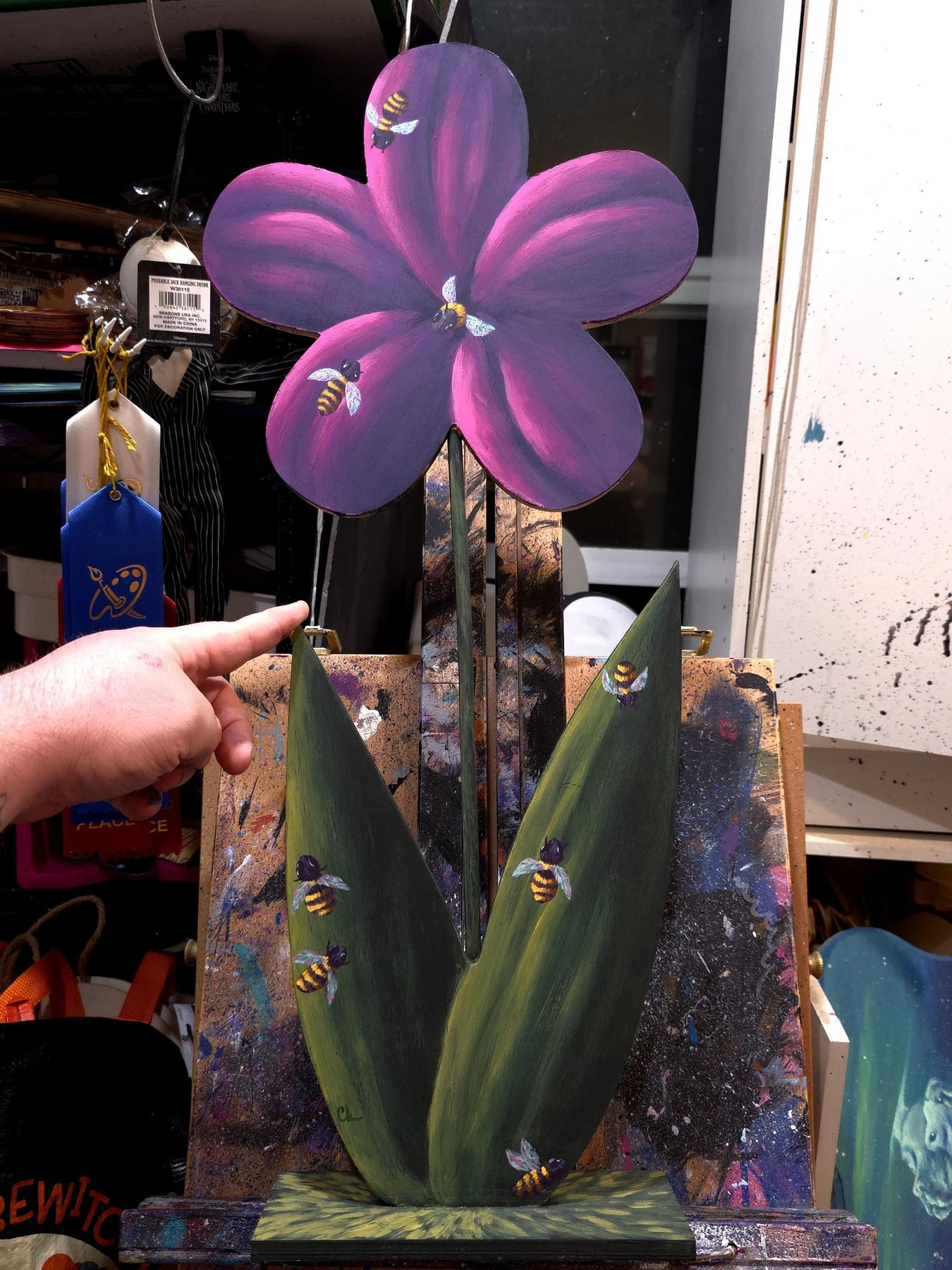Flower with Bees original showing a purple flower and painted bees