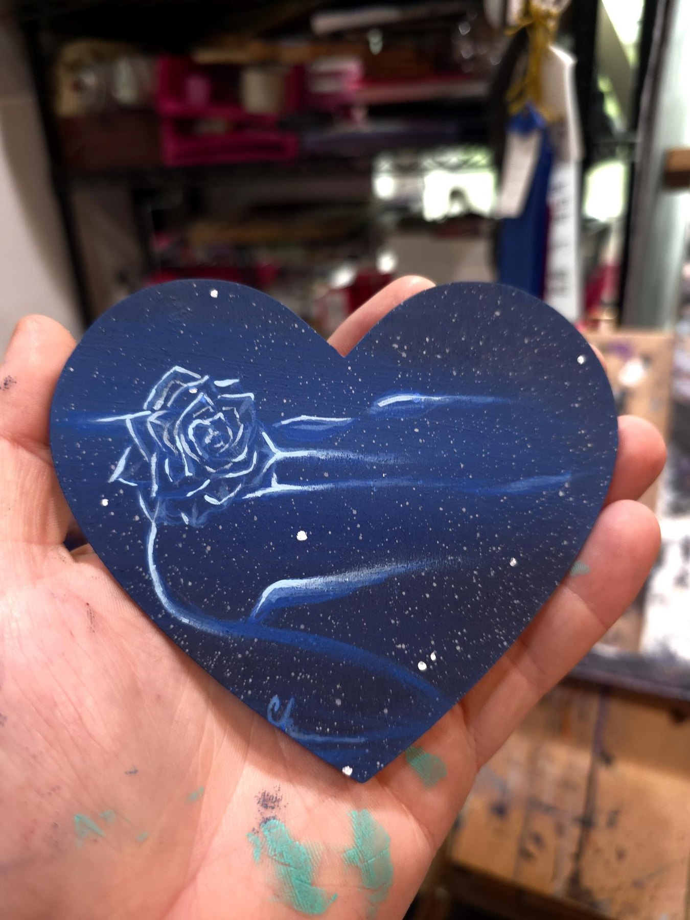 Blue Galaxy Heart original with white flower linework