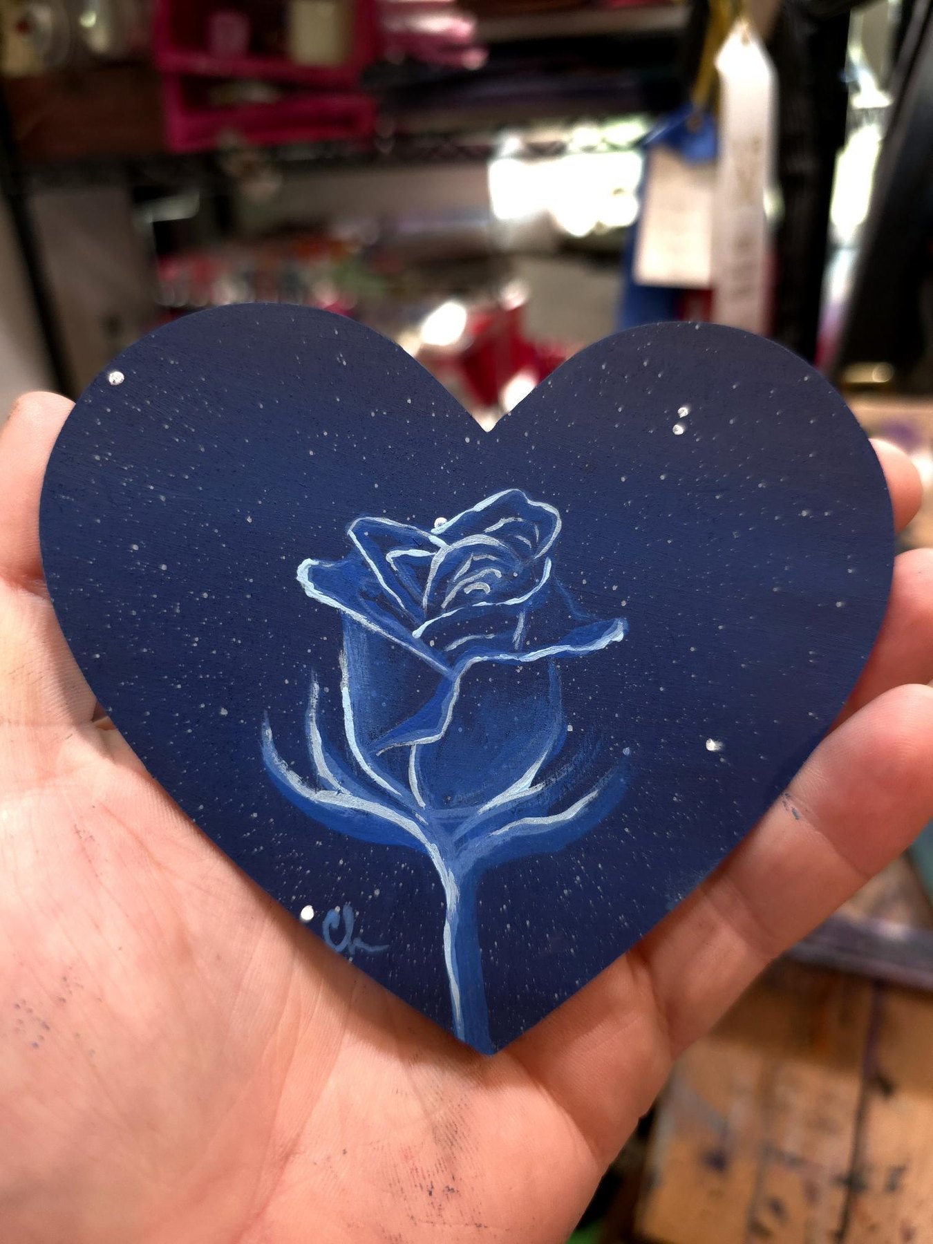 Blue Galaxy Heart original with white rose linework