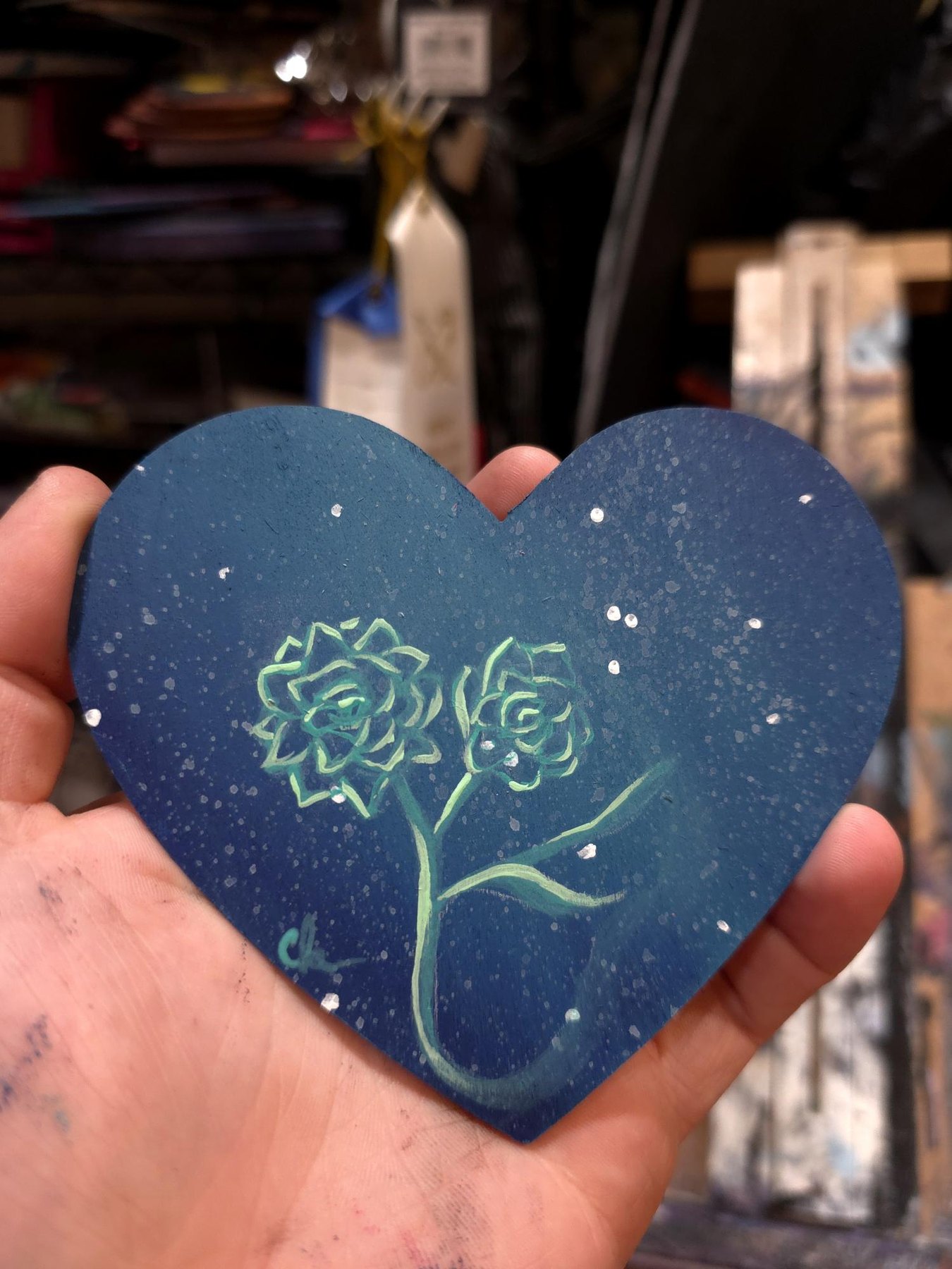 Blue Galaxy Heart original with green flower linework